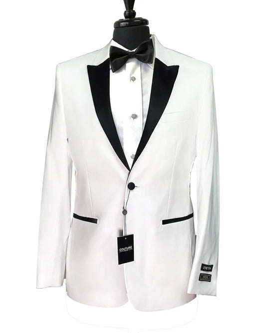 Men's White 1 Button Peak Tuxedo Jacket with Black Lapel