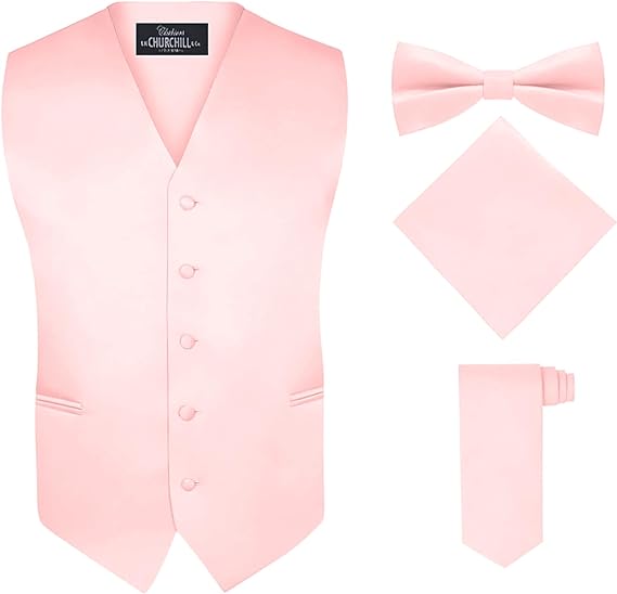 S.H. Churchill & Co. Men's 4 Piece Peach Vest Set, with Bow Tie, Neck Tie & Pocket Hankie