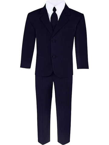 Boys Navy Blue 6-Piece Formal Suit Set with Jacket, Pants, Vest, Shirt, Tie & Bow Tie