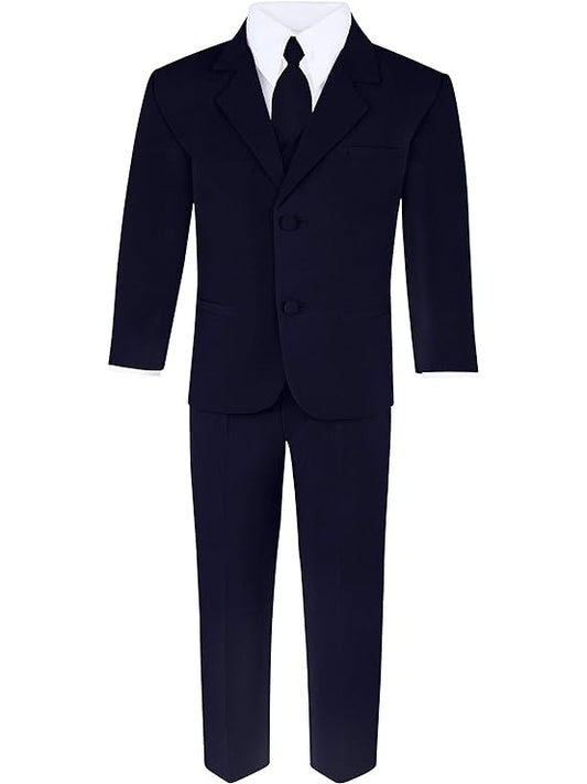 Boys Navy Blue 6-Piece Suit Set - Includes Suit Jacket, Dress Pants, Matching Vest, White Dress Shirt, Neck Tie & Bow Tie