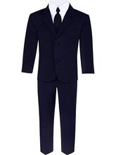 Load image into Gallery viewer, Boy&#39;s Navy Blue 6-Piece Suit Set - Includes Suit Jacket, Dress Pants, Matching Vest, White Dress Shirt, Neck Tie &amp; Bow Tie
