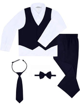 Load image into Gallery viewer, Boy&#39;s Navy Blue 6-Piece Suit Set - Includes Suit Jacket, Dress Pants, Matching Vest, White Dress Shirt, Neck Tie &amp; Bow Tie
