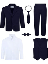 Load image into Gallery viewer, Boy&#39;s Navy Blue 6-Piece Suit Set - Includes Suit Jacket, Dress Pants, Matching Vest, White Dress Shirt, Neck Tie &amp; Bow Tie
