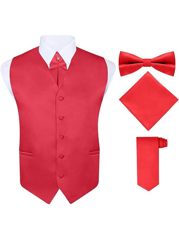 Men’s Red 5-Piece Formal Tuxedo Vest Set with Cravat, Tie, Bow Tie & Pocket Square