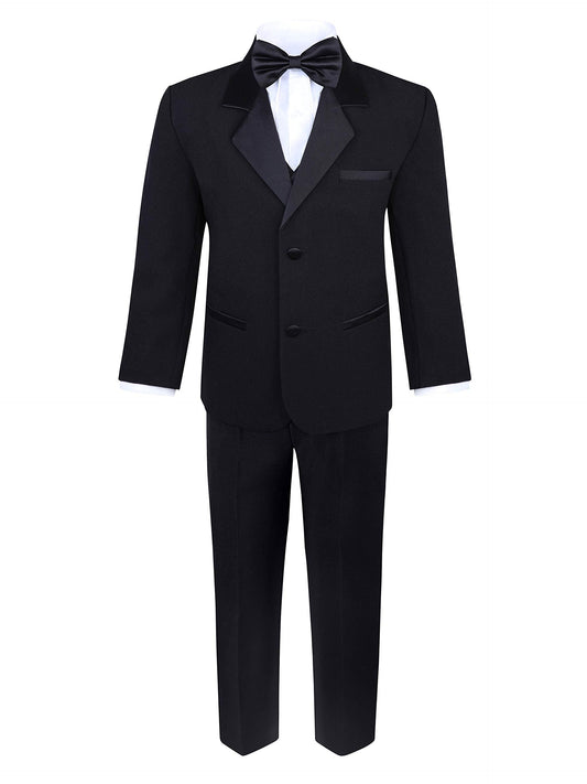 Boys 5 Piece Black Tuxedo Set - Includes Formal Jacket, Pants, Shirt, Vest & Bow Tie - Black