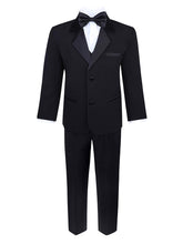 Load image into Gallery viewer, Boys 5 Piece Black Tuxedo Set - Includes Formal Jacket, Pants, Shirt, Vest &amp; Bow Tie - Black
