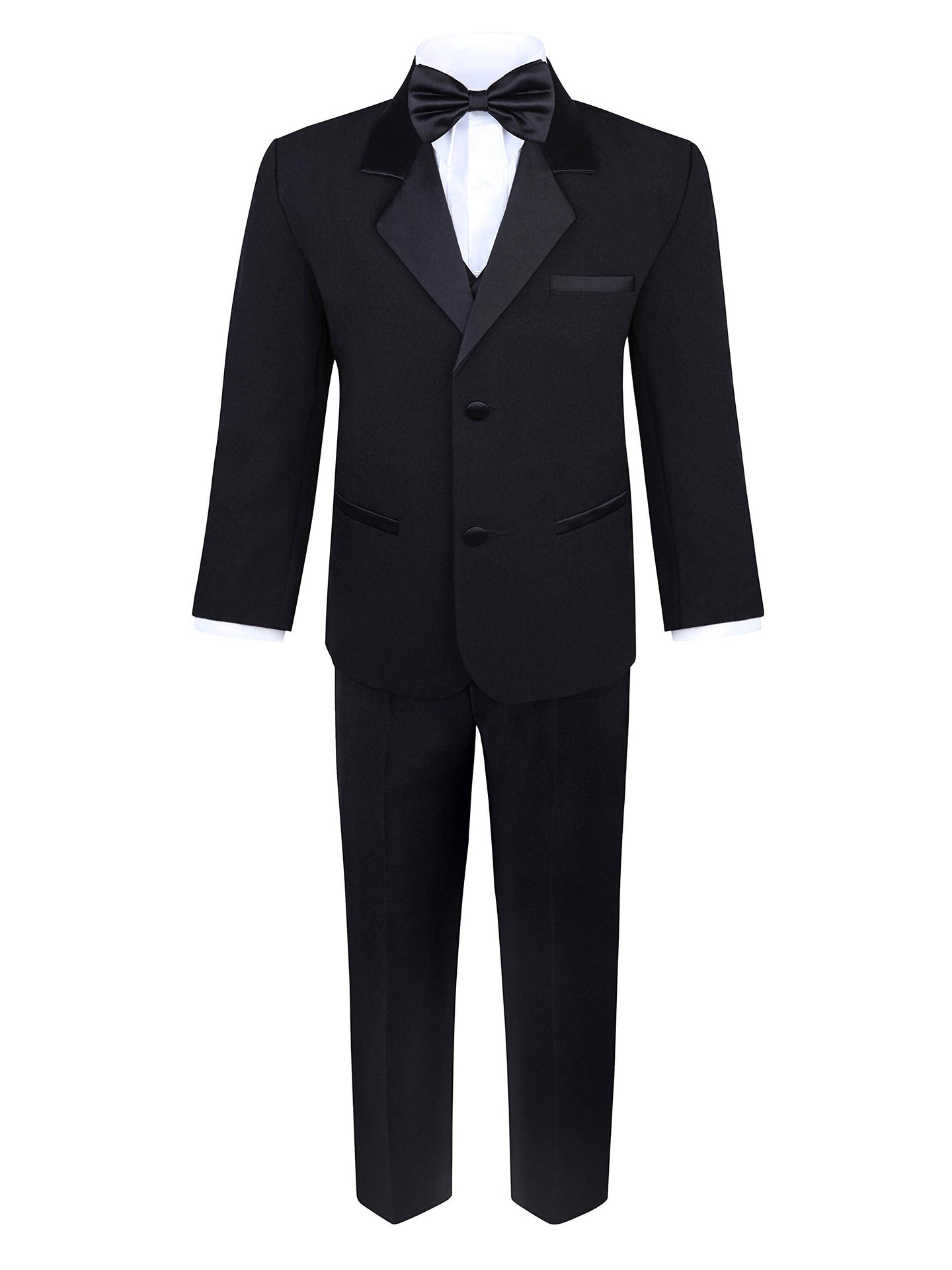 Boys 5 Piece Black Tuxedo Set - Includes Formal Jacket, Pants, Shirt, Vest & Bow Tie - Black