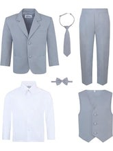 Load image into Gallery viewer, Boy&#39;s Gray 6-Piece Suit Set - Includes Suit Jacket, Dress Pants, Matching Vest, White Dress Shirt, Neck Tie &amp; Bow Tie
