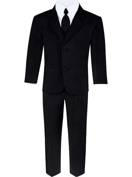 Boys Black 6-Piece Suit Set - Includes Suit Jacket, Dress Pants, Matching Vest, White Dress Shirt, Neck Tie & Bow Tie