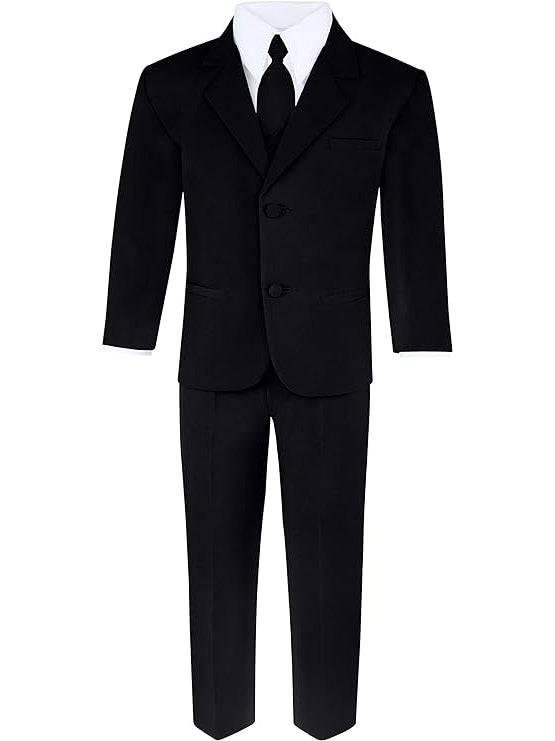 Boy's Black 6-Piece Suit Set - Includes Suit Jacket, Dress Pants, Matching Vest, White Dress Shirt, Neck Tie & Bow Tie