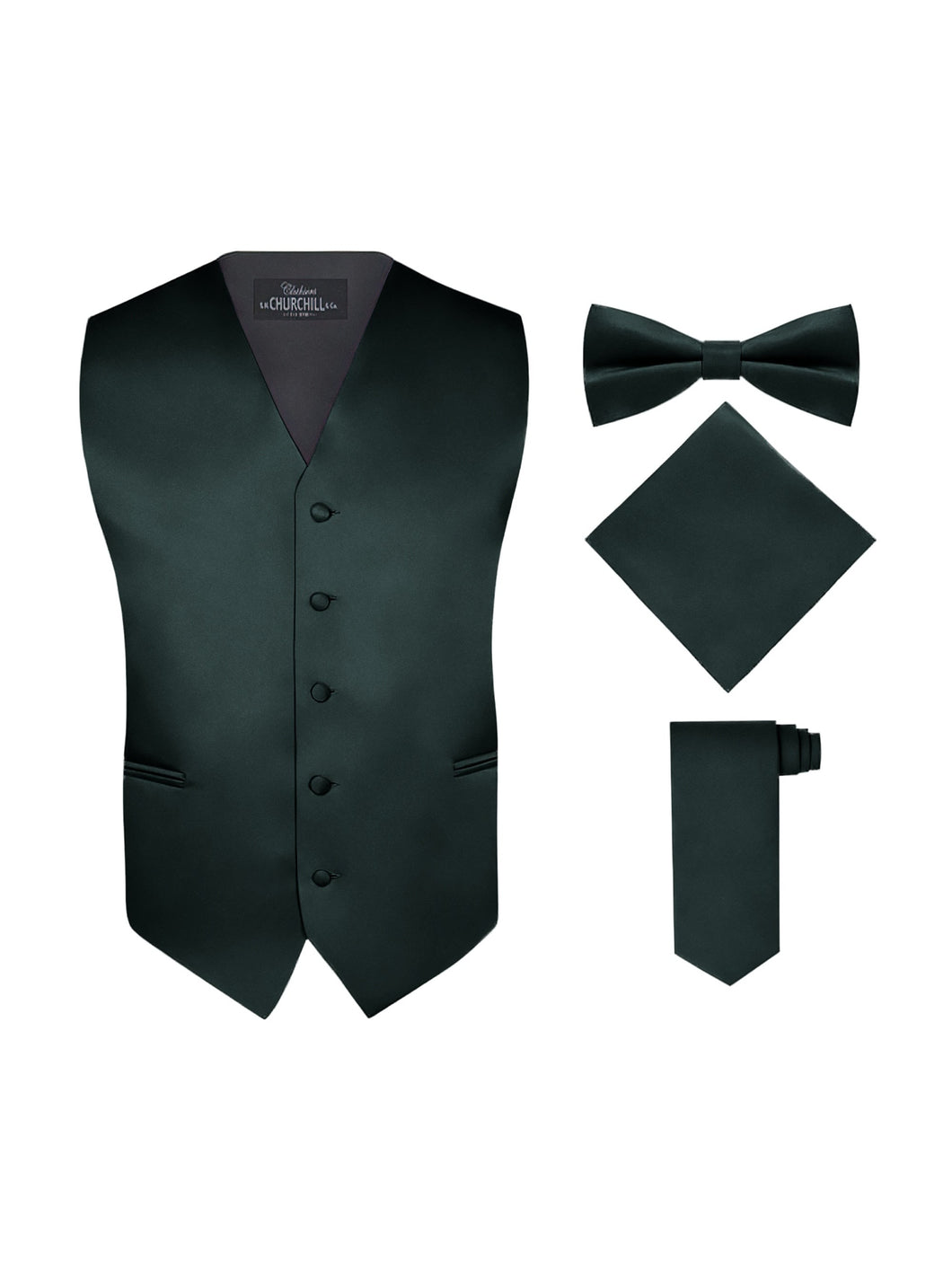 S.H. Churchill & Co. Men's 4 Piece Hunter Green Vest Set, with Bow Tie, Neck Tie & Pocket Hankie