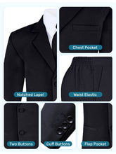 Load image into Gallery viewer, Boy&#39;s Black 6-Piece Suit Set - Includes Suit Jacket, Dress Pants, Matching Vest, White Dress Shirt, Neck Tie &amp; Bow Tie
