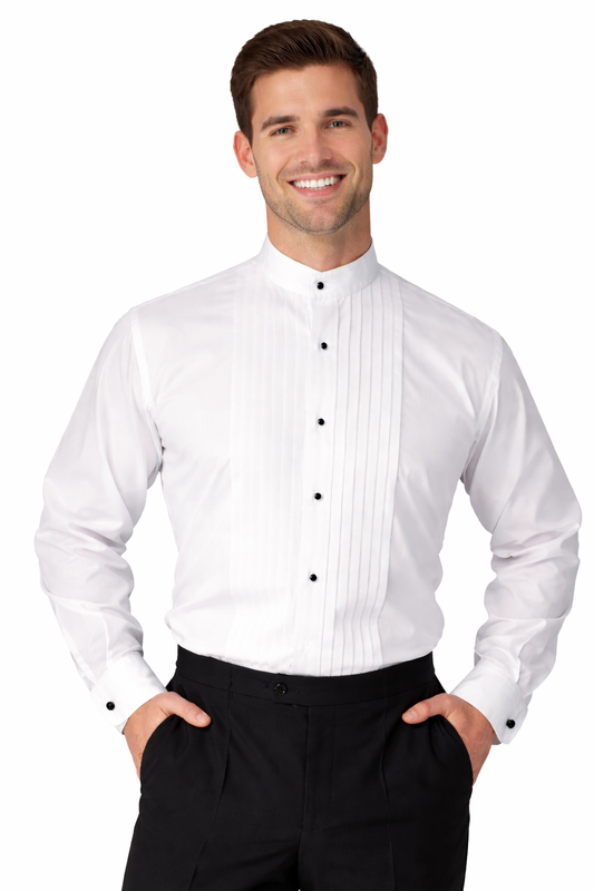 Men's White Mandarin Collar Pleated Tuxedo Shirt