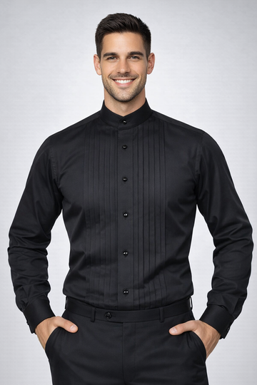 Black Pleated Banded Collar Tuxedo Shirt with Fly Front