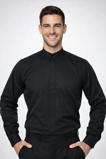 Black Banded Collar Tuxedo Shirt with Fly Front