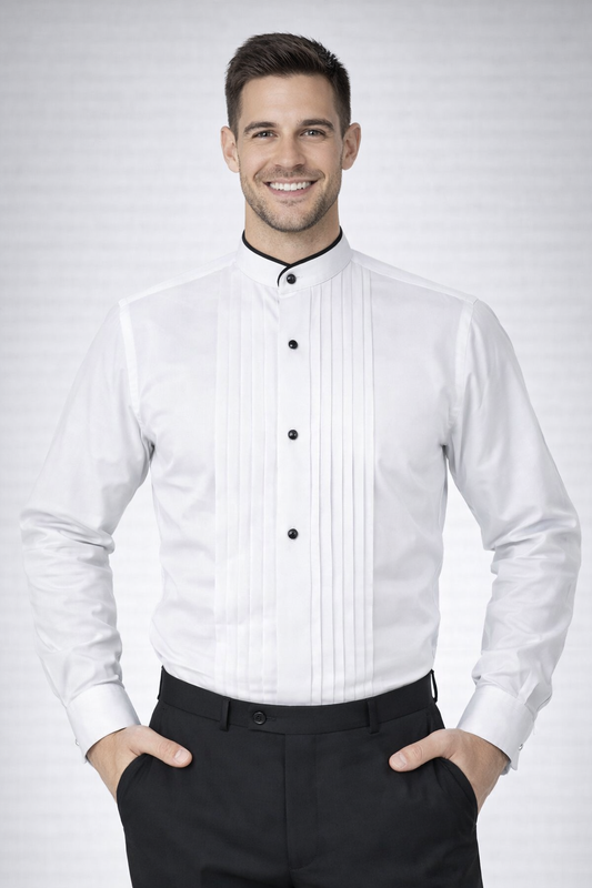 Banded Collar Pleated Tuxedo Shirt with Black Satin Trim