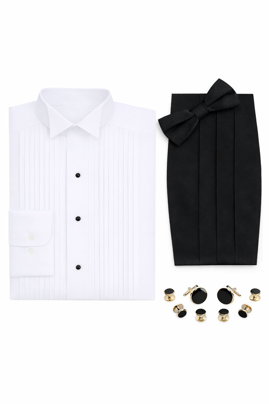 Wing Collar Tuxedo Shirt, Cummerbund, Bow Tie, Cufflink & Studs Set