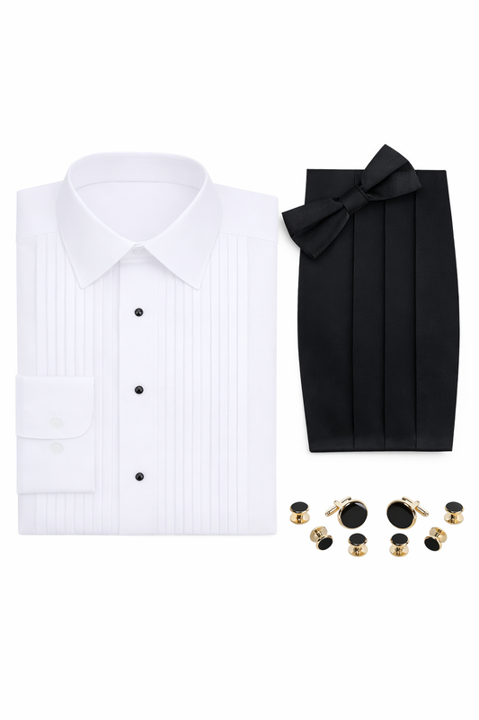 Laydown Collar Tuxedo Shirt, Cummerbund, Bow Tie, Cufflink & Studs Set