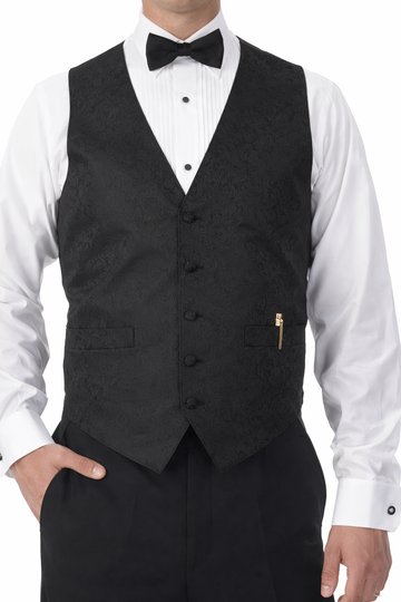 Men's Black Paisley Print Vest and Tie Set