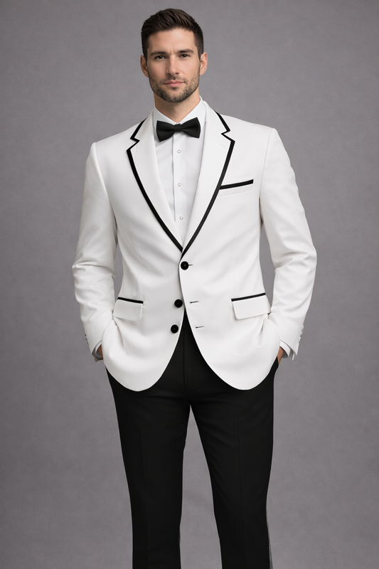 Mens White Tuxedo with Black Frame Lapel - Includes Pants! - SUPER SALE PRICE - Limited Sizes