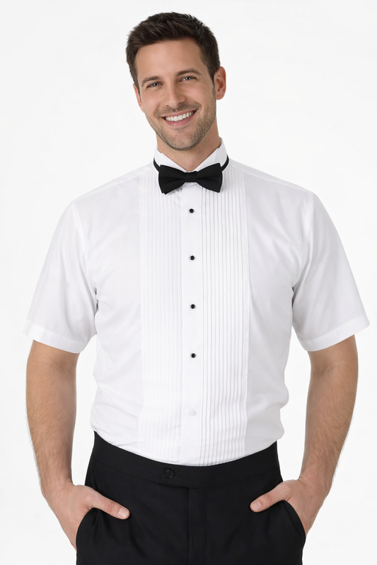 White Wing-tip Short Sleeve Tuxedo Shirt