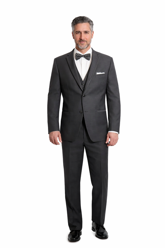 Men's Charcoal 2 Button Notch Wool Blend Tuxedo with Satin Trim Lapel