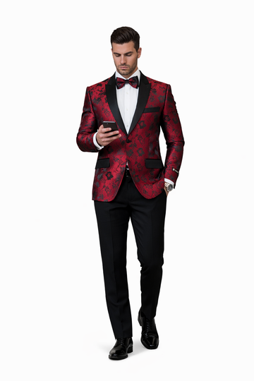 Red Floral Tuxedo Jacket Slim Fit
