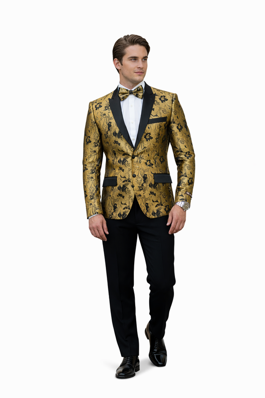 Gold Floral Tuxedo Jacket Slim Fit
