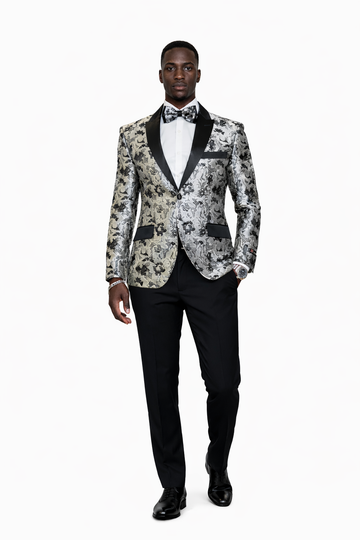 Silver Floral Tuxedo Jacket Slim Fit