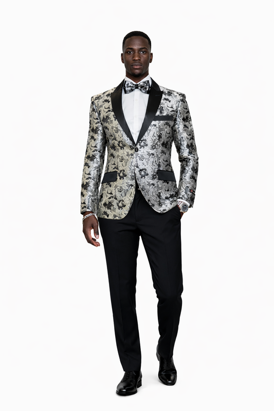 Silver Floral Tuxedo Jacket Slim Fit