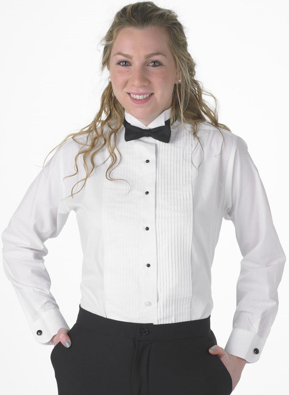 Women's White Wing Collar Pintuck Tuxedo Shirt - 1/8 Inch Pleats