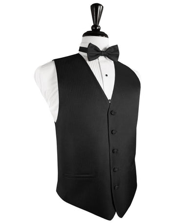 Men's Black Herringbone Tuxedo Vest and Tie Set