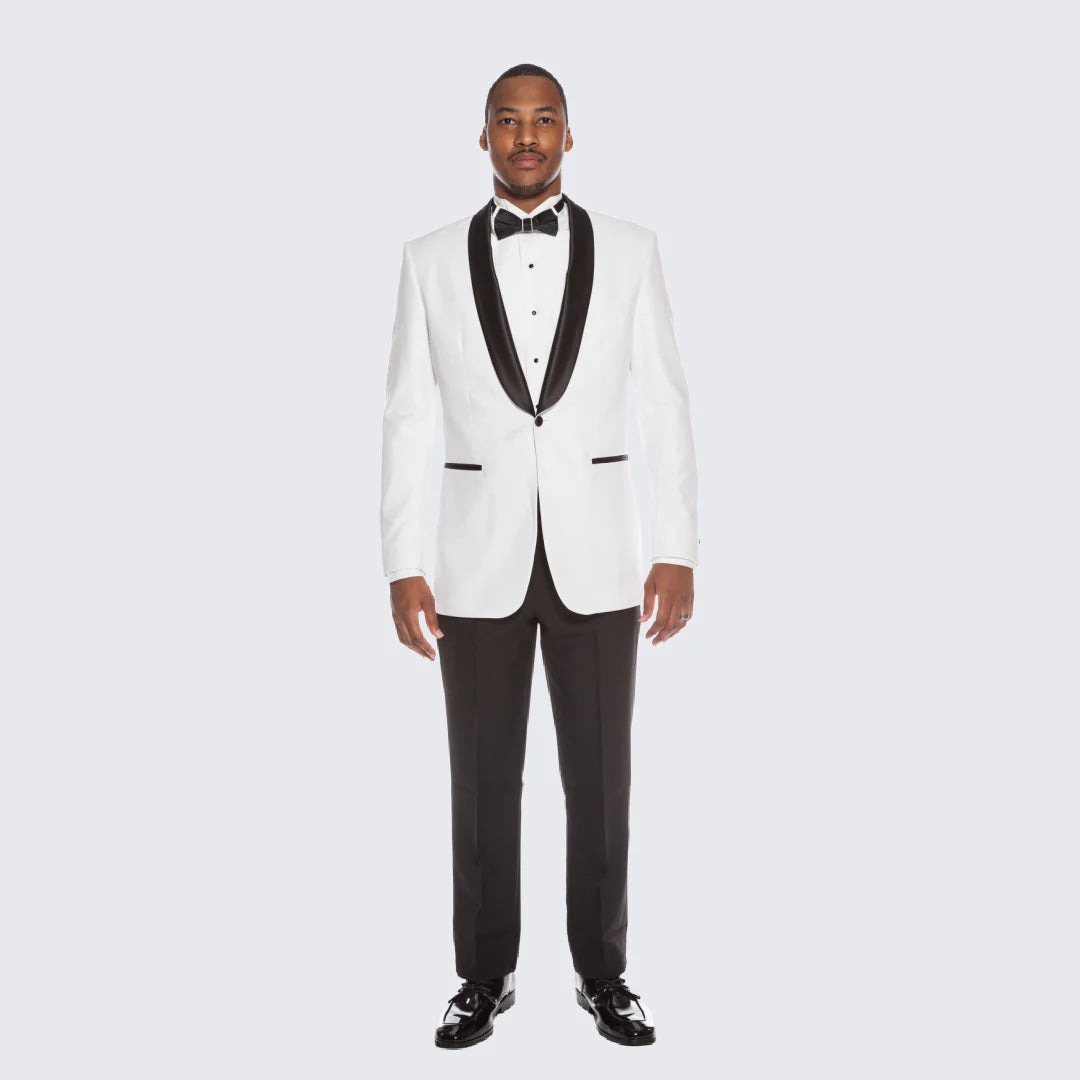 Men's White 1 Button Shawl Dinner Jacket with Black Lapel