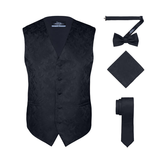 Men's Black Paisley Vest Set, with Bow Tie, Necktie, and Pocket Hanky
