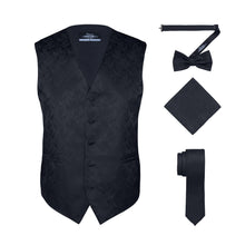 Load image into Gallery viewer, S.H. Churchill &amp; Co. Men&#39;s Black Paisley Vest Set, with Bow Tie, Neck Tie and Pocket Hanky
