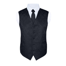 Load image into Gallery viewer, S.H. Churchill &amp; Co. Men&#39;s Black Paisley Vest Set, with Bow Tie, Neck Tie and Pocket Hanky
