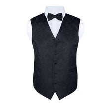 Load image into Gallery viewer, S.H. Churchill &amp; Co. Men&#39;s Black Paisley Vest Set, with Bow Tie, Neck Tie and Pocket Hanky
