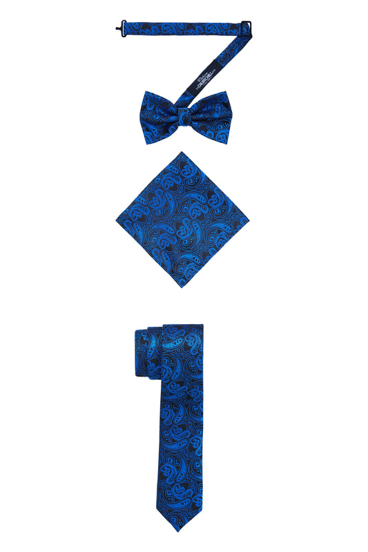 Men’s Blue & Black Paisley Formal Vest Set with Tie, Bow Tie & Pocket Square