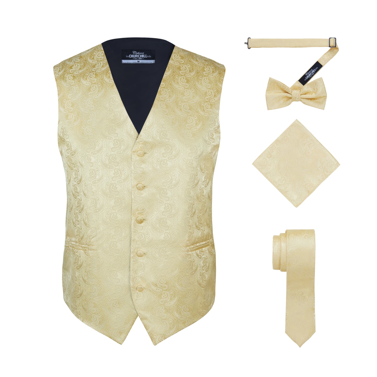 S.H. Churchill & Co. Men's Gold Paisley Vest Set, with Bow Tie, Neck Tie and Pocket Hanky