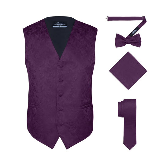 Men’s Purple Paisley Formal Vest Set with Tie, Bow Tie & Pocket Square