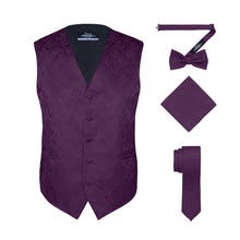 Load image into Gallery viewer, S.H. Churchill &amp; Co. Men&#39;s Purple Paisley Vest Set, with Bow Tie, Neck Tie and Pocket Hanky
