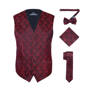 Men’s Red & Black Paisley 4-Piece Formal Vest Set