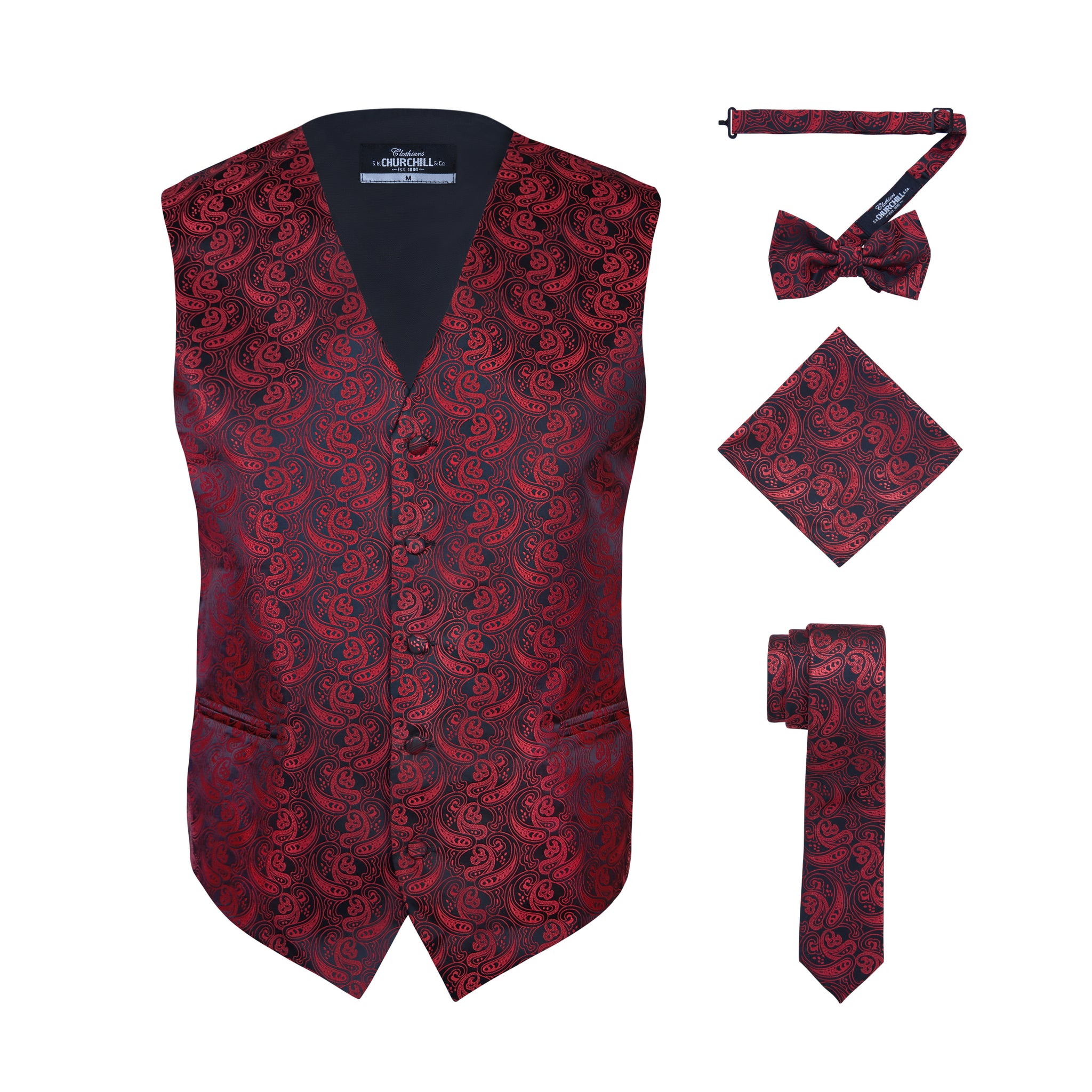Men's Paisley Cummerbund & Bow Tie Set - Black/Red With Pocket Square, Adjustable Waist