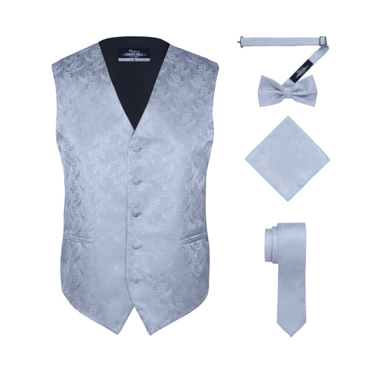 Men’s Silver Paisley Formal Vest Set with Tie, Bow Tie & Pocket Square