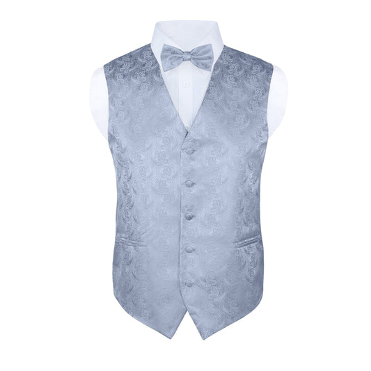 Men’s Silver Paisley Formal Vest Set with Tie, Bow Tie & Pocket Square