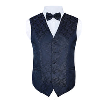 Load image into Gallery viewer, S.H. Churchill &amp; Co. Men&#39;s Silver/Black Paisley Vest Set, with Bow Tie, Neck Tie and Pocket Hanky
