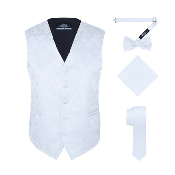 Men's White Paisley Vest Set, with Bow Tie, Neck Tie and Pocket Hanky