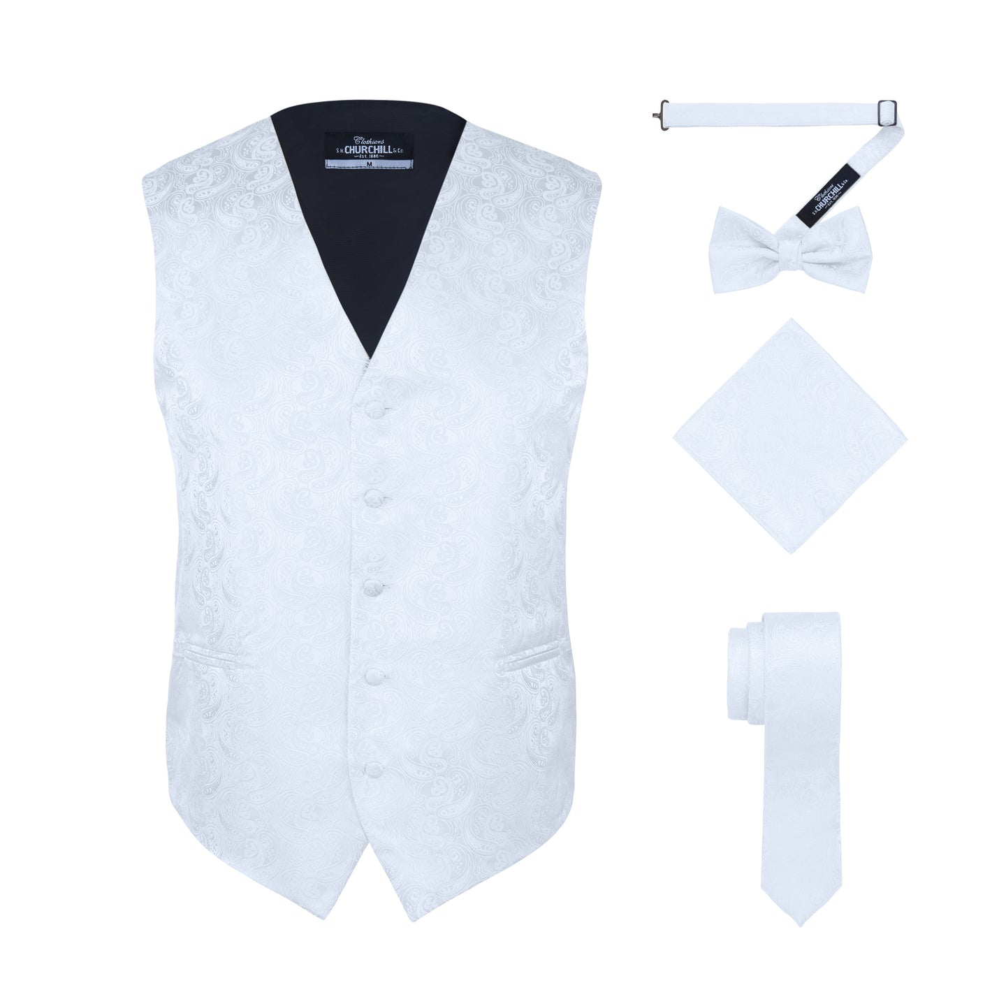 S.H. Churchill & Co. Men's White Paisley Vest Set, with Bow Tie, Neck Tie and Pocket Hanky