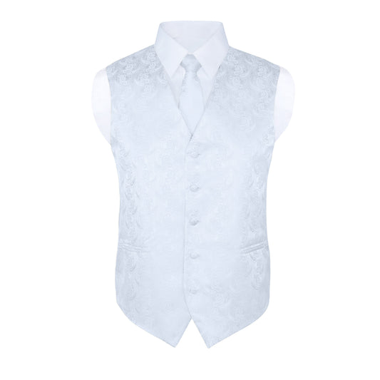 Men's White Paisley Vest Set, with Bow Tie, Neck Tie and Pocket Hanky