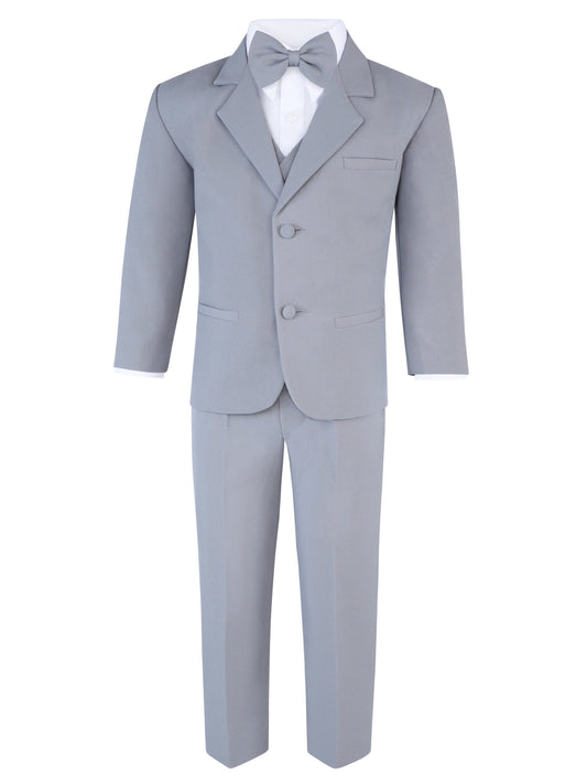 Boys  Gray 6-Piece Suit Set - Includes Suit Jacket, Dress Pants, Matching Vest, White Dress Shirt, Neck Tie & Bow Tie